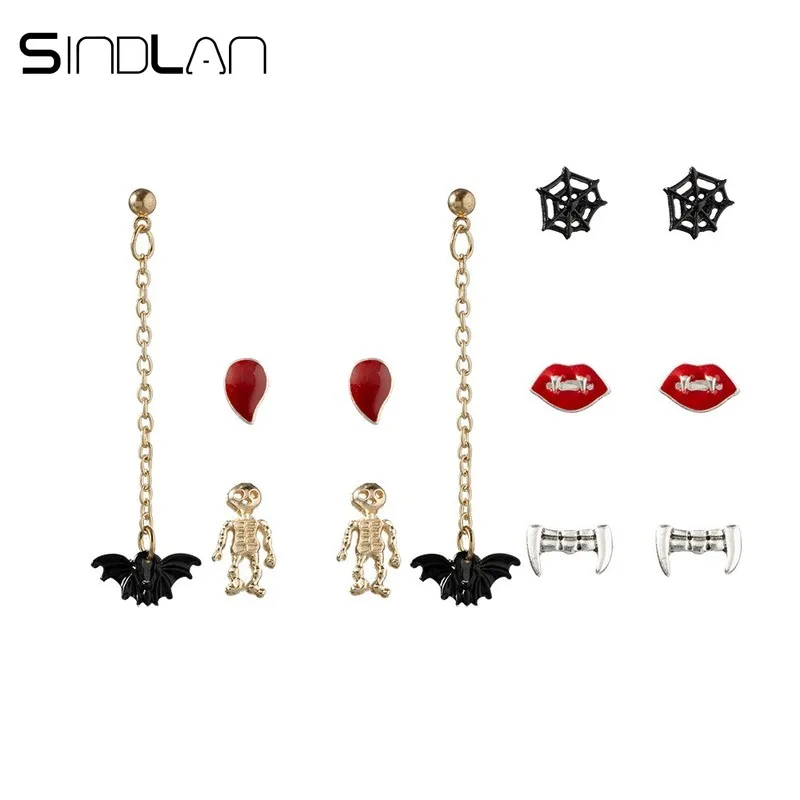 Sindlan 6 Pairs Cool Girls Funny Stud Earrings for Women Exaggerated Skull Red Lips Bat Spider Blood Earrings Set Brinco Jewelry