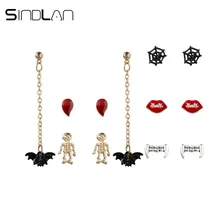 Sindlan 6 Pairs Cool Girls Funny Stud Earrings for Women Exaggerated Skull Red Lips Bat Spider Blood Earrings Set Brinco Jewelry