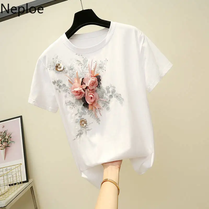 Neploe Plus Size T Shirt for Women Korean Fashion Embroidery Lace Flower Femme Shirt Tops O Neck Student Loose Casual Tee Tshirt