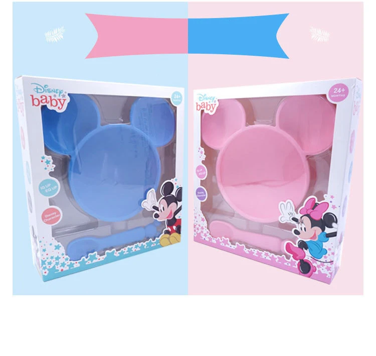 Disney Baby Cute Silicone bowl+ spoon Cartoon Kids Bottom suction cuptraining Bowl spoon for children