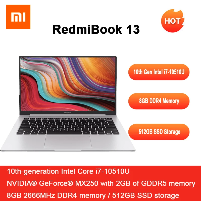 Ноутбук Xiaomi RedmiBook 13 13,3 дюймов Intel Core i7-10510U NVIDIA GeForce MX250 GPU 8 Гб ram DDR4 512 ГБ SSD