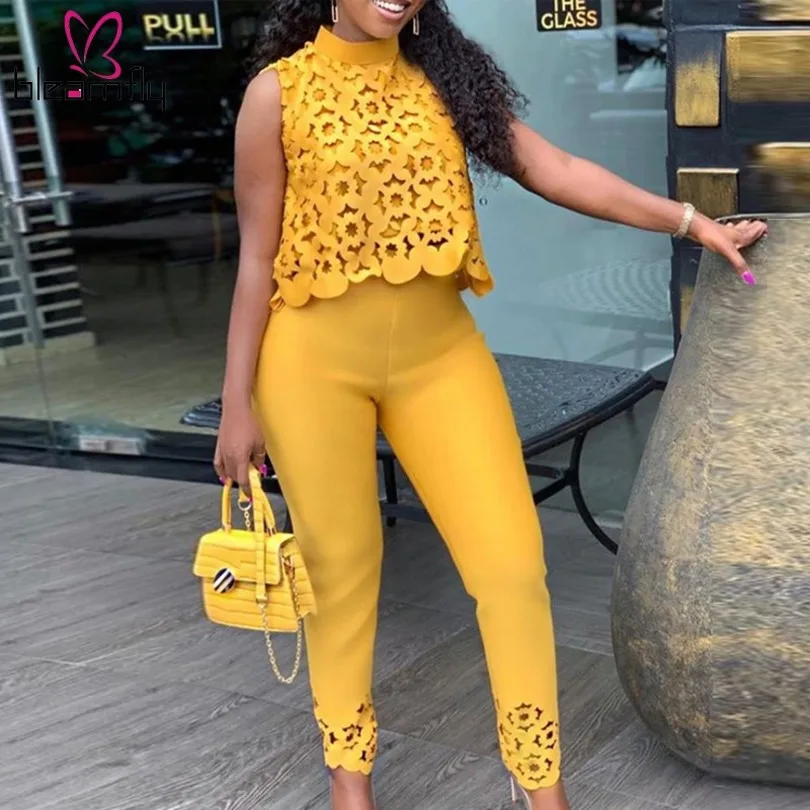 

Summer Autumn Womens Two Piece Sets 2019 Lace Hollow Out Crop Top & Pants Set Elegant Suit Lady Office Work Party Outfits