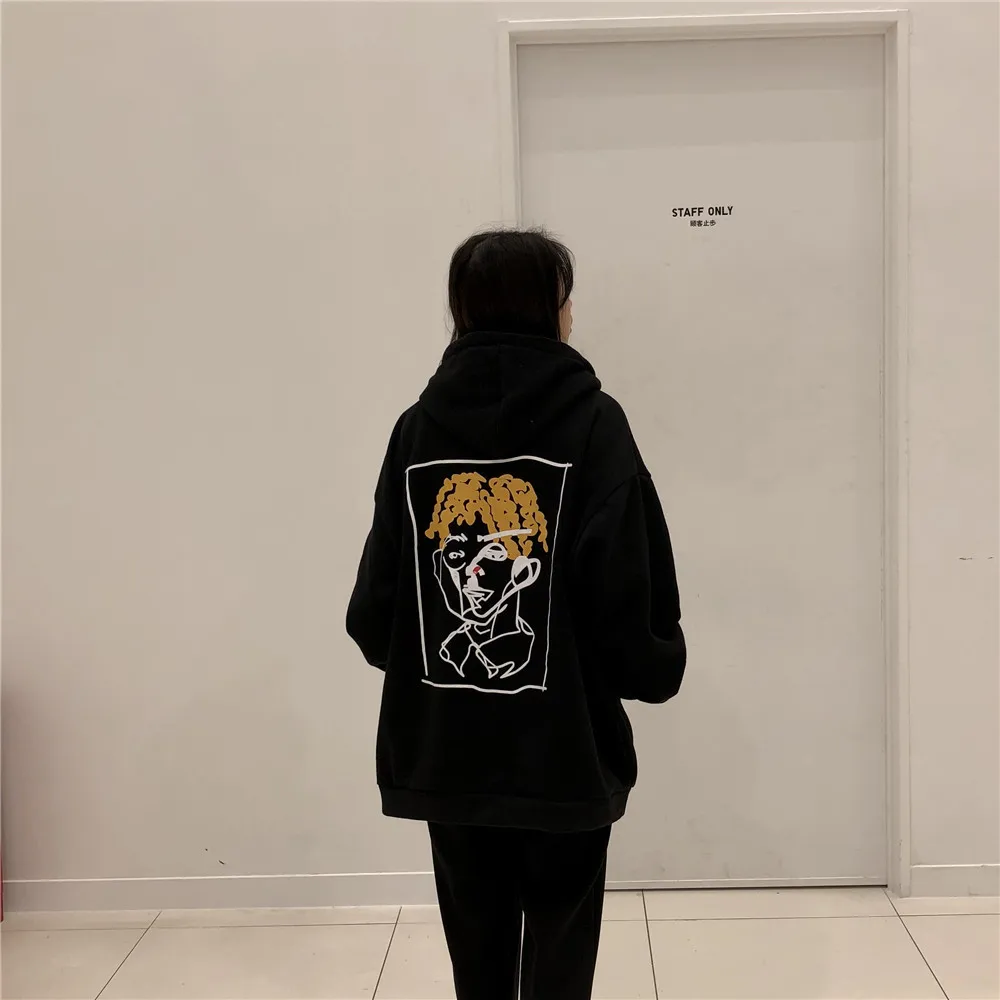 Корейский ulzzang Harajuku Забавный мультяшный принт с капюшоном плюс бархатная Толстовка Осенняя Новая модная свободная с капюшоном Повседневная Женская толстовка