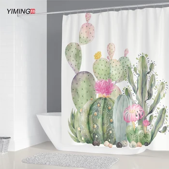 

Bathroom Decoration Waterproof Shower Curtain Tropical Cactus Printed Polyester Home Decoration Curtain with Hook 200x180cm