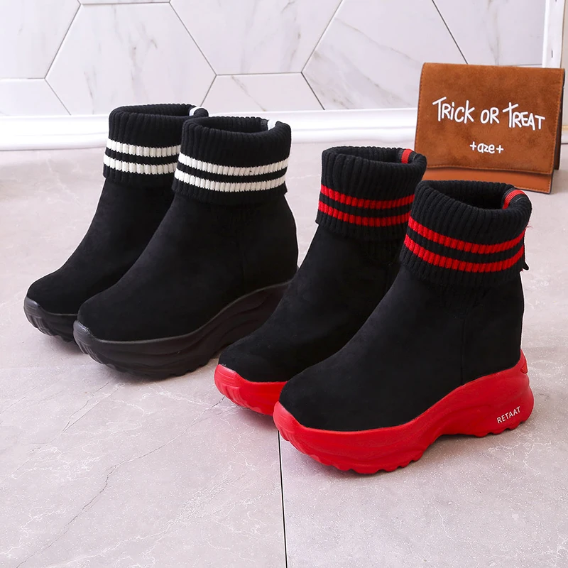 New Short Plush Warm Knee Platform Boots Women Fashion Round Toe Socks Boots Shoes Woman High Heel Ankle Boots Zapatos De Mujer