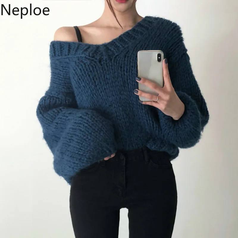 Neploe, корейский Ins, v-образный вырез, пуловер, вязаный свитер, женский, Ретро стиль, свободный, Batw, дизайн, длинный рукав, женский, толстый, зимний, Sueter 47717