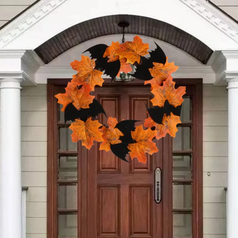 

10Inch Halloween Wreath Garland Rattan Frame With Artificial Maple Leaves And Non-Woven Bats Front Door Holiday Decor