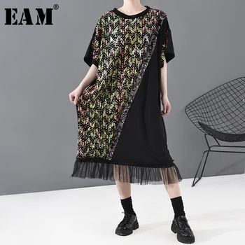 

[EAM] Women Black Mesh Sequins Big Size Dress New Round Neck Short Sleeve Loose Fit Fashion Tide Spring Summer 2020 1T816
