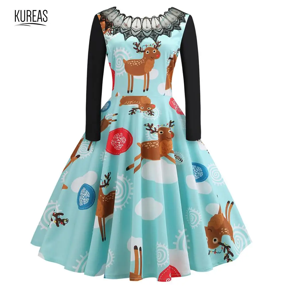 

Kureas Christmas Dress Women Warm Knitted Dress Lace Patchwork Long Sleeve Party Maxi Ball Gown Elegant Pleated Autumn Winter