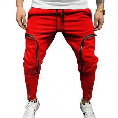 Men Pants Solid Color Drawstring Casual Multi Zippers Pockets Trousers Streetwear Multi Zippers Pockets Jogger Trousers