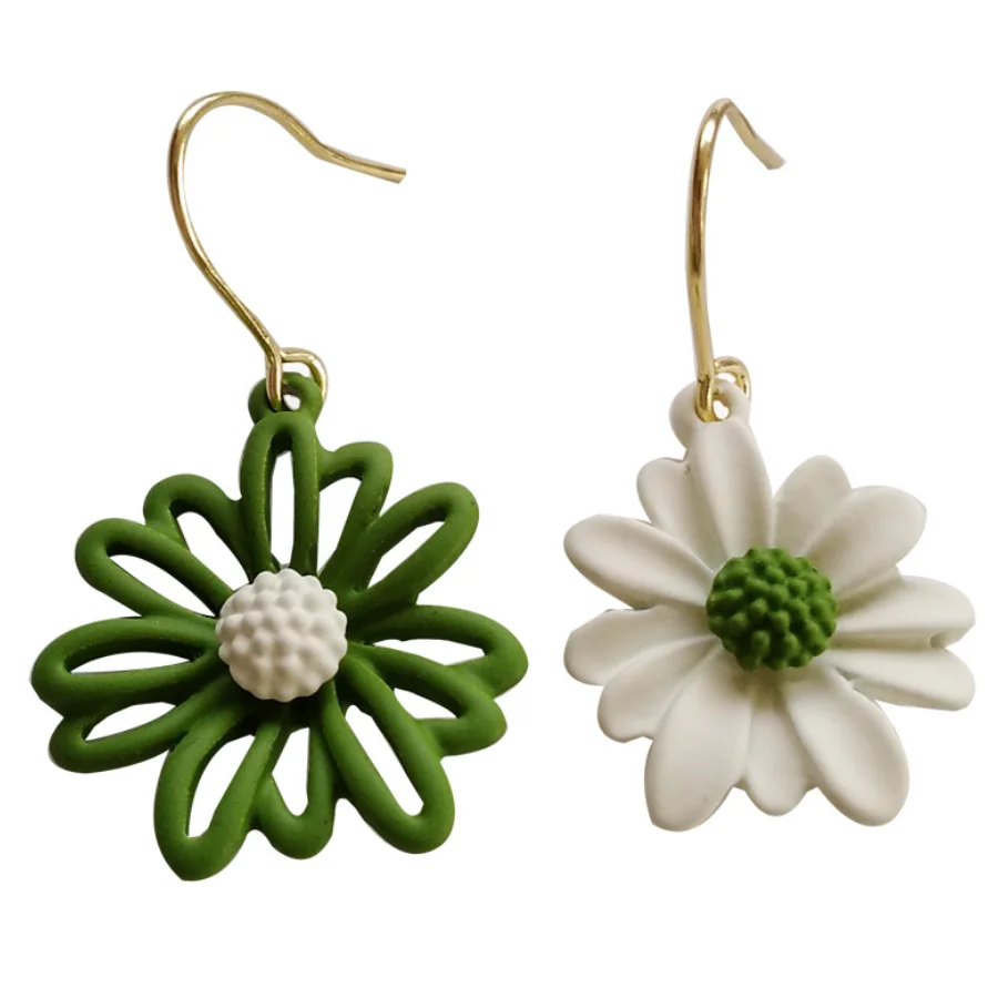 Earrings Women Alloy Fashion Style Daisy Flower Summer Spring Asymmetry Green White Light Young Student Ladies Environment | Украшения и