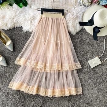 

Solid Elegant Long Lace Skirt Knee Length Womens Skirts Summer Fashion 2020 New Plus Size Korean Style