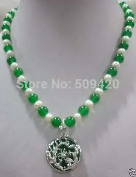 

White 7-8 pearl 8mm green jade silver dragon pendant necklace new