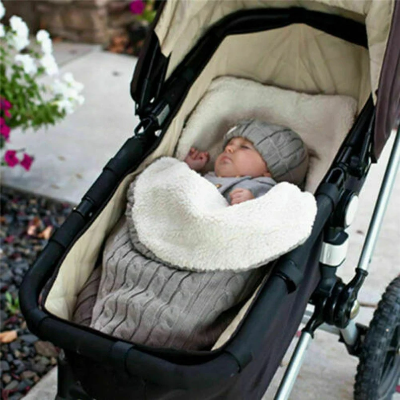 Winter baby stroller sleeping bag outdoor button baby knitted sleeping bag wool plus velvet thick quilt warm  sleeping bag 30D5 (7)