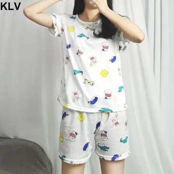 

Women Sweet Girls Summer 2Pcs Pajamas Set Short Sleeve Cartoon Crocolile Print Sleepwear O-Neck Loose Loungewear M-2XL