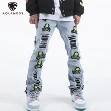 Aolamegs pantalones vaqueros rasgados para hombre, ropa de calle estilo Hip Hop, Punk, Calavera, esqueleto, parches, rotos