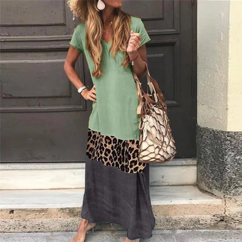 Vintage Leopard Long Dress Plus Size Loose Beach Summer Dress Fashion Casual Women Dress Long Sleeve & Short For Choice