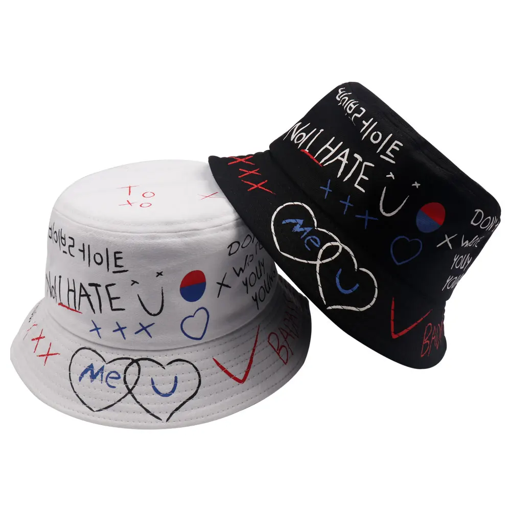 New Graffiti Bucket Hats Women Men Black White Hip Hop Harajuku Bucket
Hat Woman Flat Casual Fashion Cotton Fisherman Hat Cap