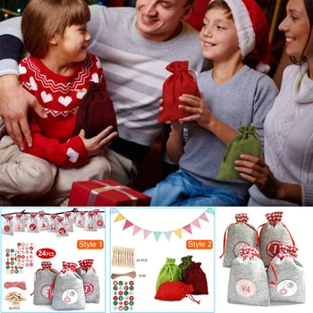 

1 Set Christmas Gift Bags 24Days Countdown Advent Calendar Sticker Hemp Rope DIY Holiday Christmas Decorations Drop Shipping