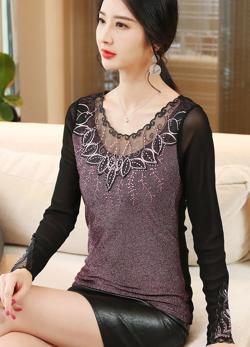 Blusas mujer de moda Осенняя сетчатая рубашка с длинными рукавами модная повседневная открытая Футболка с бриллиантами Большие размеры женские топы
