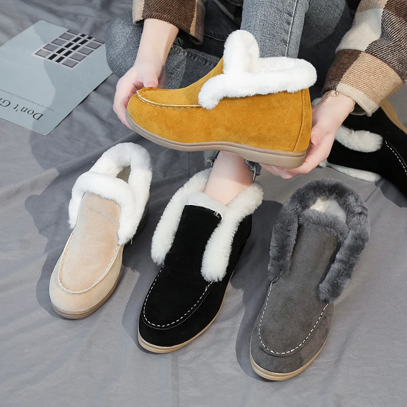 Fashin Ankle Boots For Women Suede-leather Boots Fur Shoes Warm Winter Slip-on Comfortable and Light Snow
