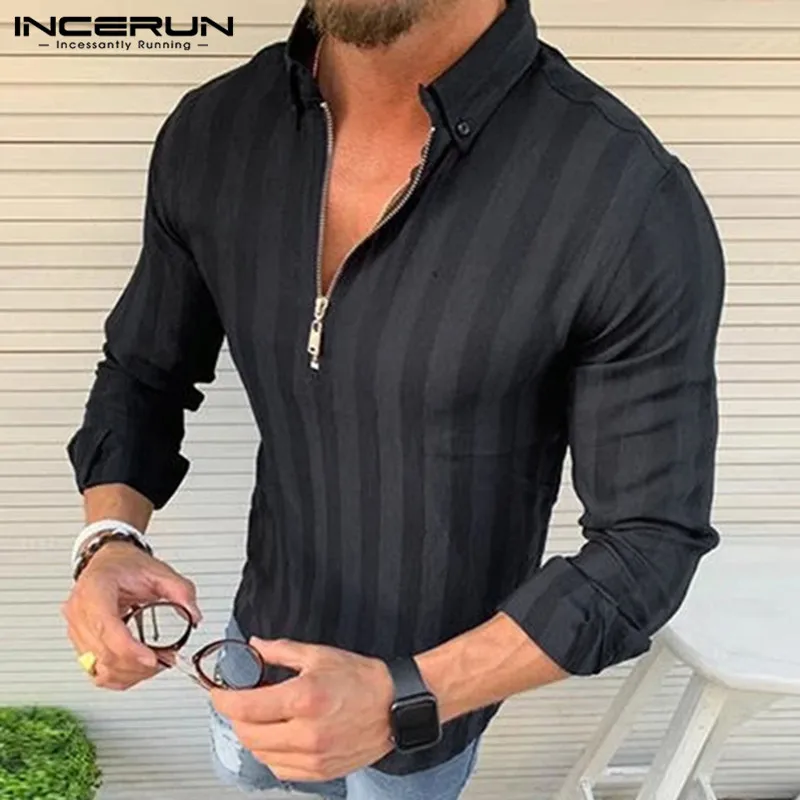  INCERUN Men Striped Shirt Long Sleeve Turn-down Collar Zippers Fitness Blouse Fashion Street Style 