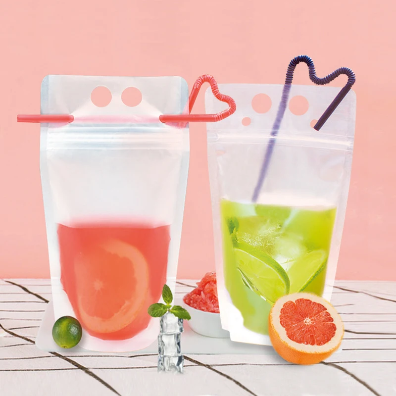 

Straw Drinking Juice Bag with Zip Lock Beverage Pouch Transparent Frosted Plastic Bag with Handle Soup Storage Liquid Bag