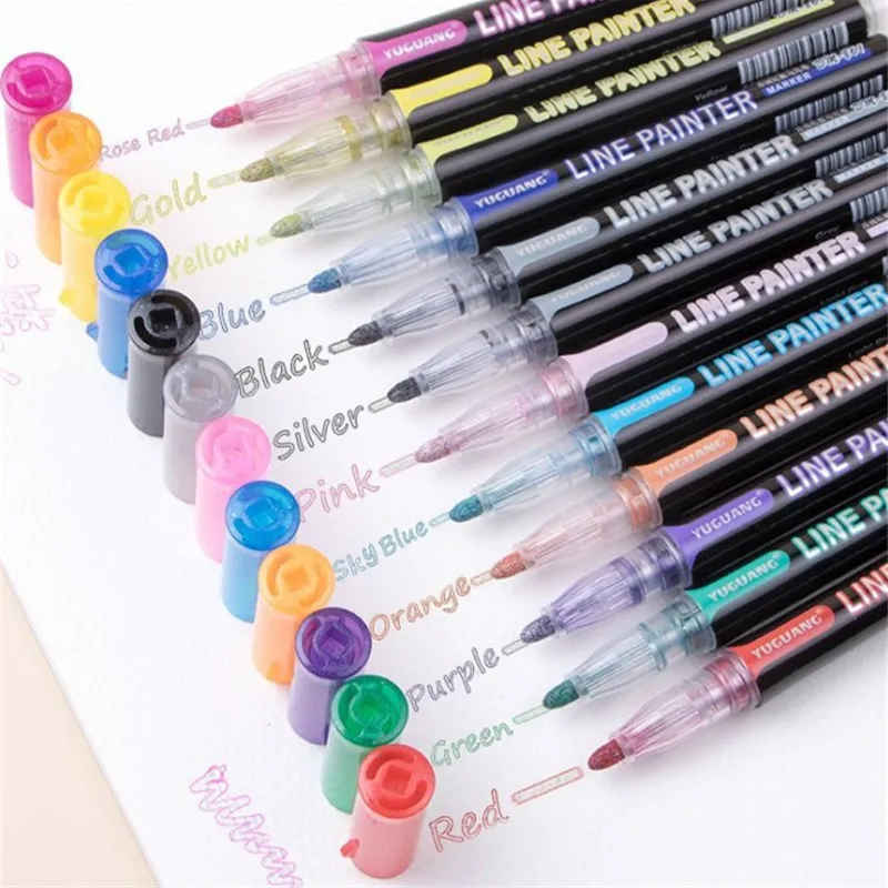 12 Colors Pens Double Line Markers Metallic Outline Pens Set Sparkle Cool  Magic Glitter Dazzle Pen Art Paint Drawing Kid Gift