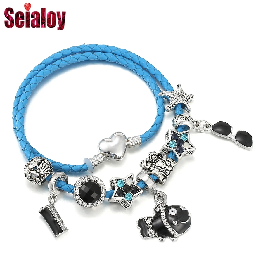 

Bohemia Ocean Style Cyan Leather Bracelets For Women Men Couples Star Starfish Heart Beads Black Fish Glasses Charm Bracelet