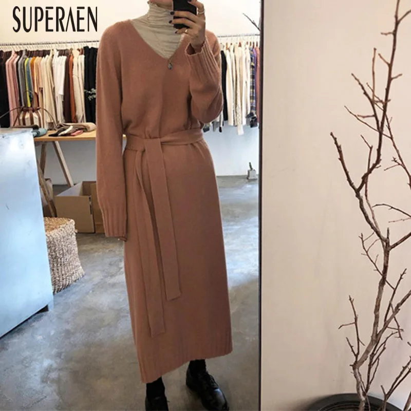 SuperAen корейский стиль вязаное платье для женщин с v-образным вырезом Осень и зима новое Дамское Платье Новинка 2019 однотонная женская одежда