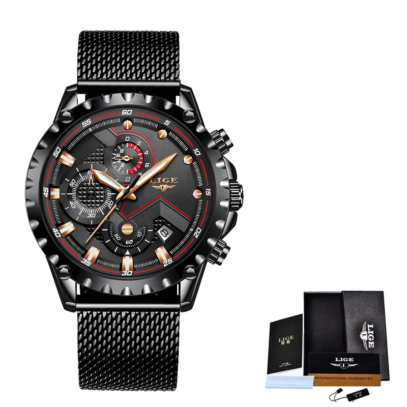 Gold black M LIGE новые мужские часы Топ люксовый бренд спортивные наручные часы из нержавеющей стали Хронограф военные кварцевые мужские часы Reloj Hombre - Цвет: Gold black M