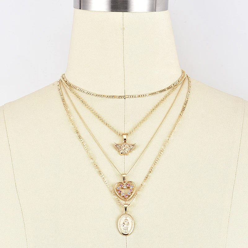 Богемное золотое ожерелье s Набор модное сердце ангел девственница Мэри цепь Подвеска Кристальное ожерелье ювелирные изделия аксессуары