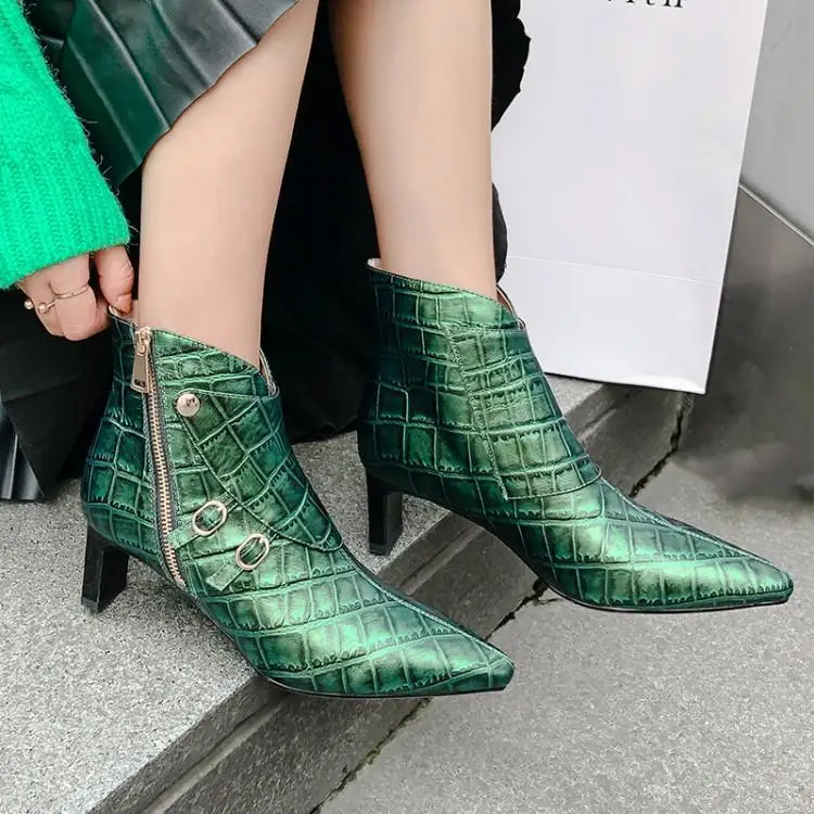 

Runway Green Black Stone Pattern Leather Ankle Boots For Women Pointed Toe Side Zipper Botas Femme Metallic Buckle Womens Shoes
