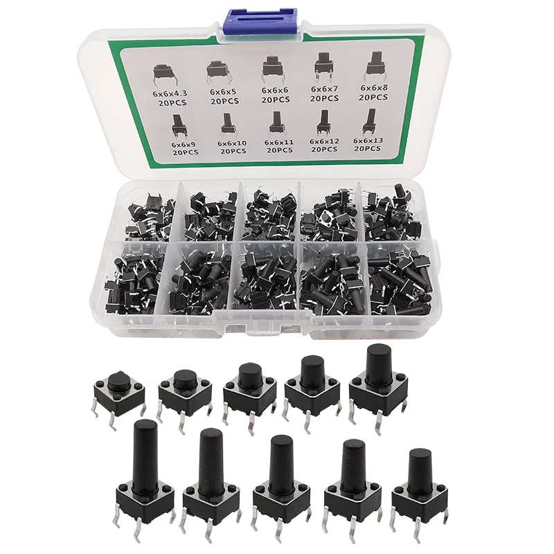 200Pcs 6x6 Tact Switch Tactile Push Button Kit Height 4.3mm-13mm DIP 4P Micro 10 Models 6*6 Switchs for Arduino | Обустройство дома
