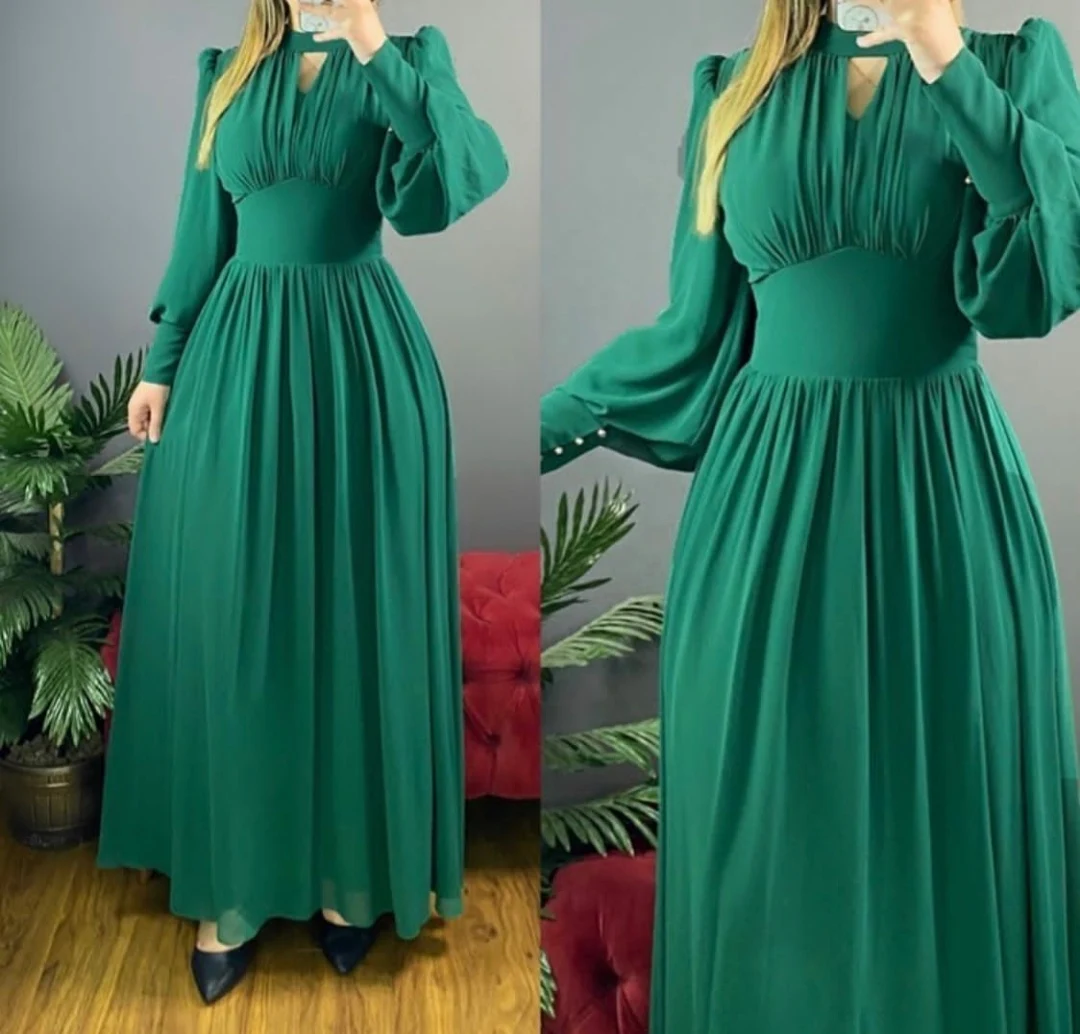 Women Prom Dresses Elegant A-Line Long Sleeve V-Neck Chiffon Prom Dresses with Pockets Robe De Soiree Floor Length Zipper Back Formal Party Gowns