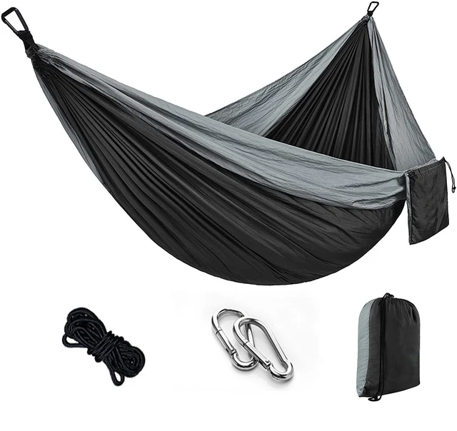 Portable Camping Hammock,Double Hanging Bed,Lightweight Nylon Parachute Hammock, Outdoor Survival Travel Leisure Sleeping Black
