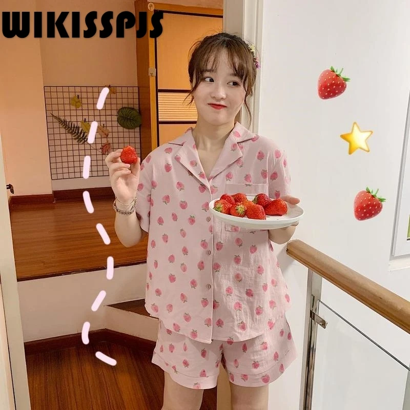 

2022 New Women's Clothing Sweet and Lovely Strawberry Short Sleeve Shorts Home Clothes Sleep Tops Two Piece Set Summer