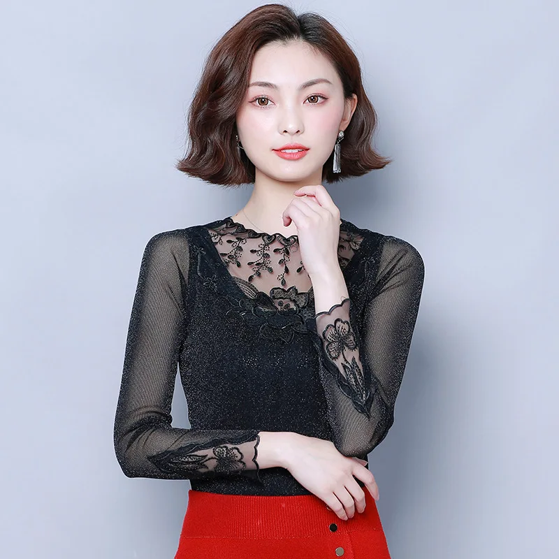 

2019 Autumn New Style Black Mesh Base Shirt Women Long Sleeve Underwear Tops Large Size T-shirt Slim Fit Lace Shirt