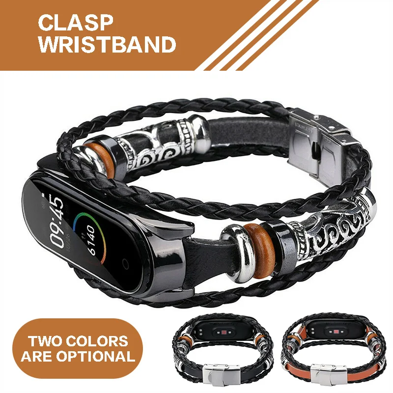

For Xiaomi Mi Band 3/4 Smart Bracelet Leather Weave Strap Braided Watch Band For Xiaomi Mi Band 3/4 Wrist Strap Metal Replacemen