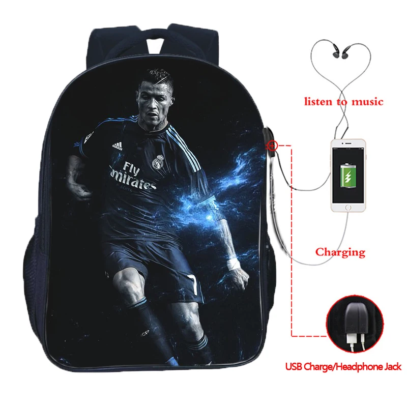 

Hot Cristiano Ronaldo CR7 Famous Star Multifunctional USB Charging Headphone Jack School Bags for Teenagers Boys Girls Kids Men