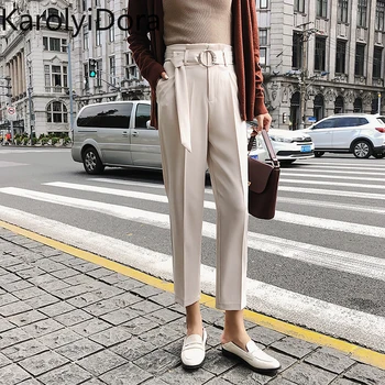 

High quality 2020 Spring Lace Up Women Pencil Pants High Waist Pockets Sashes Work Trousers Ankle-length Female Pants pantalon