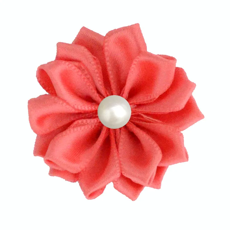 coral Nishine 1," 60 шт./лот 16 Petaled атлас с розочками лента цветы с жемчужной кнопкой используется для повязка на голову" сделай сам "заколки аксессуары для волос - Цвет: coral