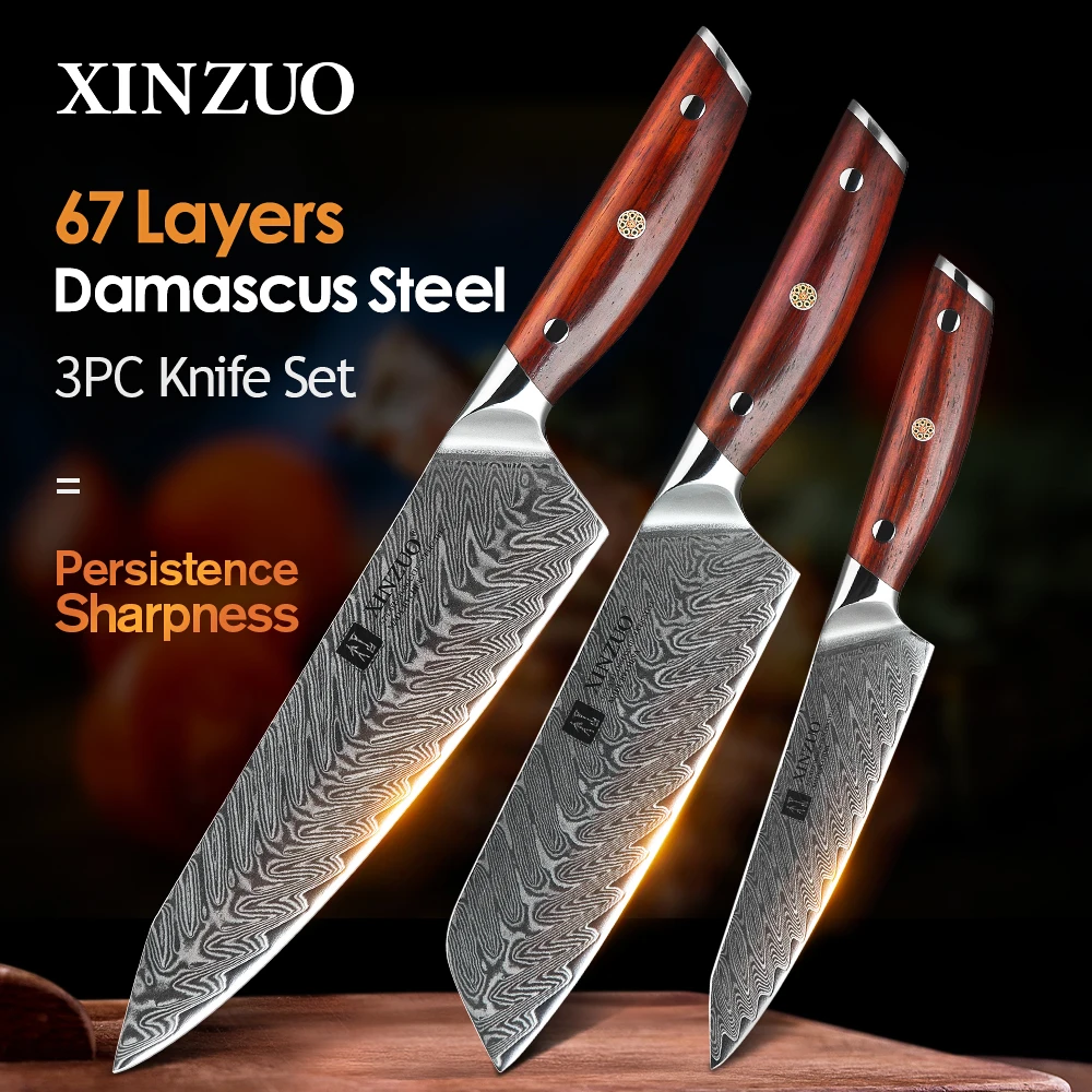 XINZUO 3 PCS Kitchen Knives Sets VG10 Damascus Steel Santoku Kitchen Chef Knives Sharp Cleaver Slicing Knives Gift Knife Tools