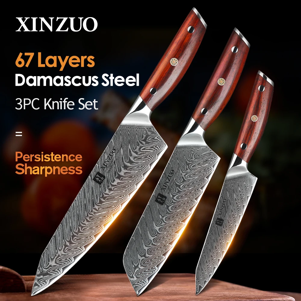 XINZUO 3PCS Kitchen Knives Sets VG10 Damascus Steel Santoku Kitc