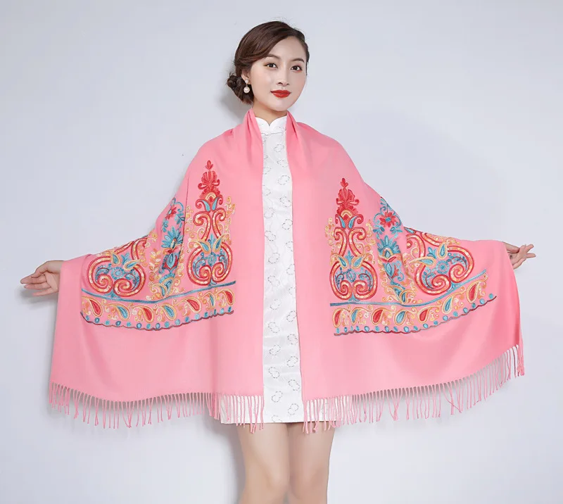 hot pink Роскошный бренд новые зимние теплые кашемировые шарфы с вышитым цветком высокого качества с длинными кисточками женские утепленные обертывания и шали - Цвет: hot pink