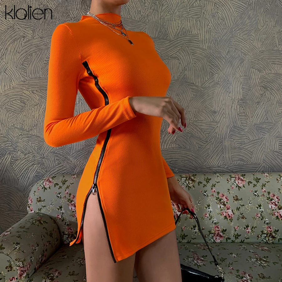 

KLALIEN high-neck long sleeve mini dresses women's party Fluorescent orange dress simple Slim Soft Comfortable 2020 spring new