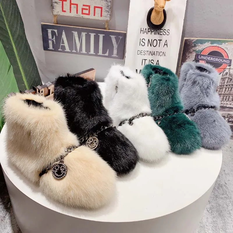 

Real Mink Fur Women Snow Boots Winter Warm Fur Boots Cute Ankle Boots Flat Work Shoes Woman Botas Mujer Ladies Flats