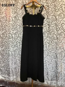 

High Quality Strap Dress 2020 Spring Summer Sexy Club Ladies Golden Button Deco Sleeveless Mid-Calf Length Black Dress Events