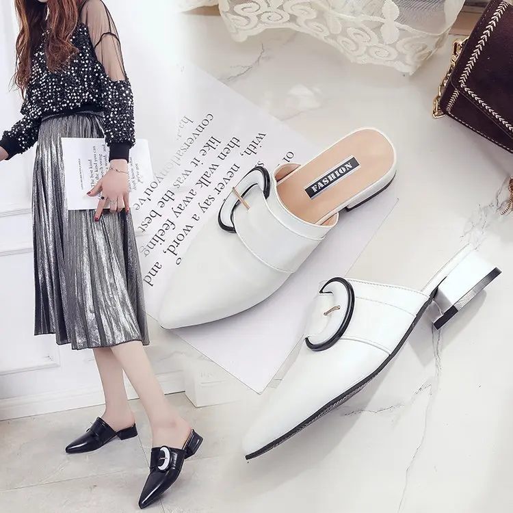 

Europe And America Spring Closed-toe Semi-Trailing Shoes Women's 2019 New Style Chunky Heel Pointed Slippers Female Summer Outer