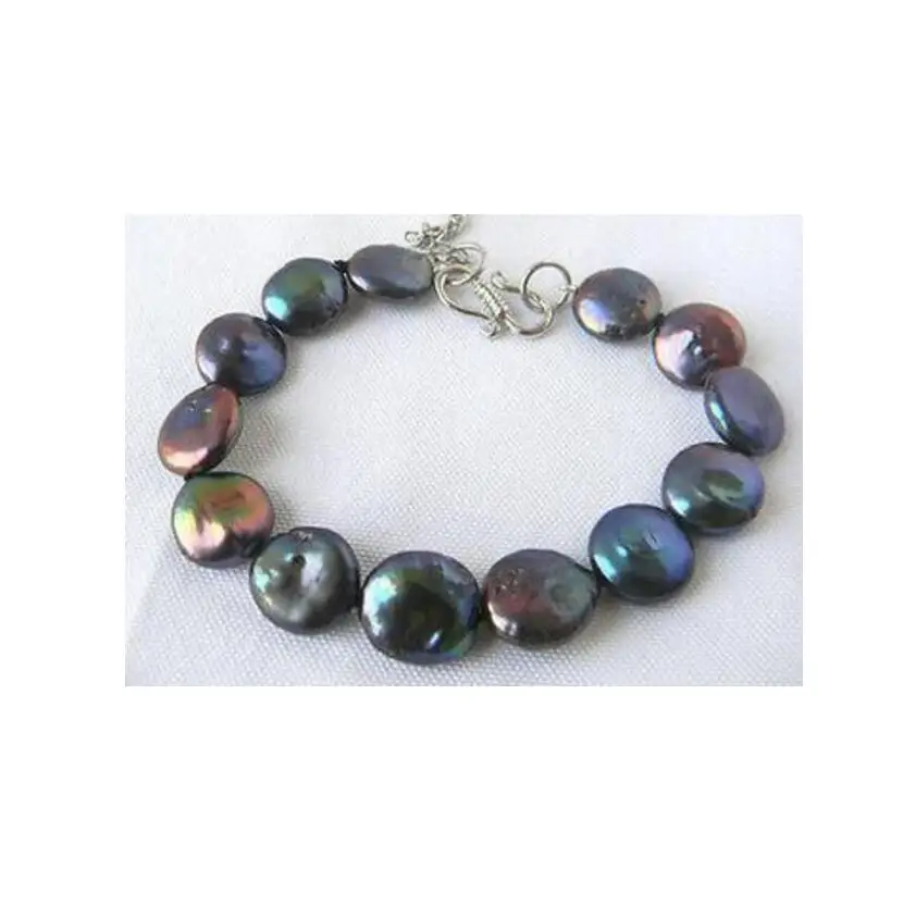 

Регулируемый браслет из пресноводного жемчуга с черными монетами, 8 дюймов, 13 мм